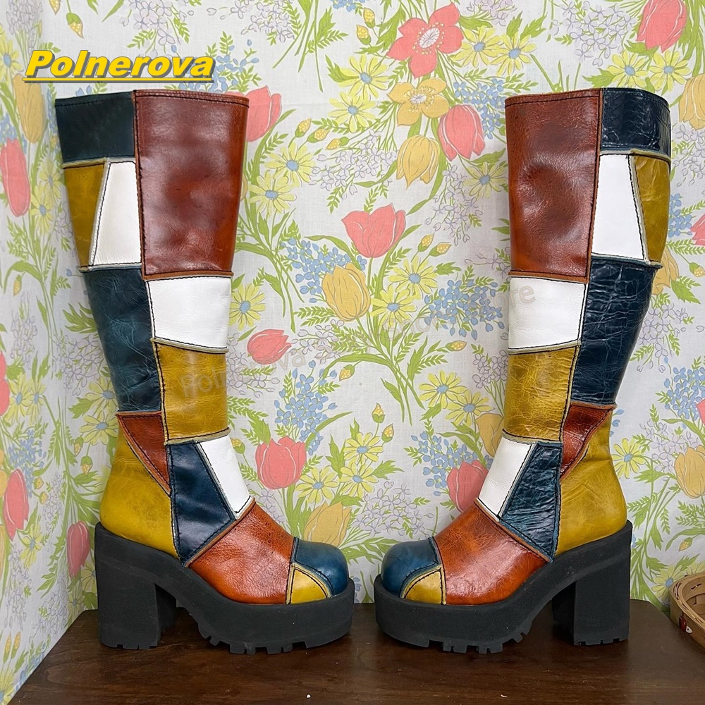 Vintage Style Women Fashion - Vrouwen Retro Patchwork Lederen Kniehoge Laarzen