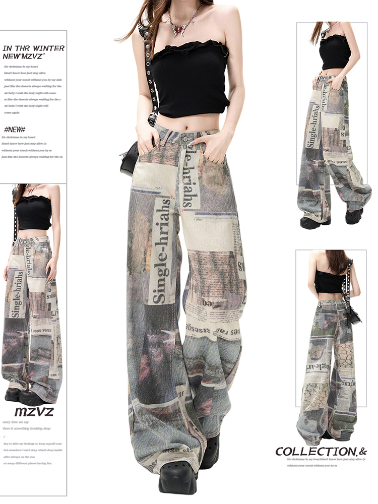Mom Jean High Rise - Winter dames denim broek print grunge