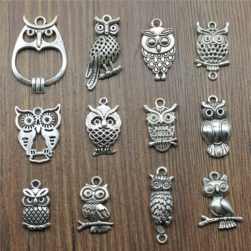 Vintage Fashion Nova - 10st Charms Uil Antiek Zilver Kleur