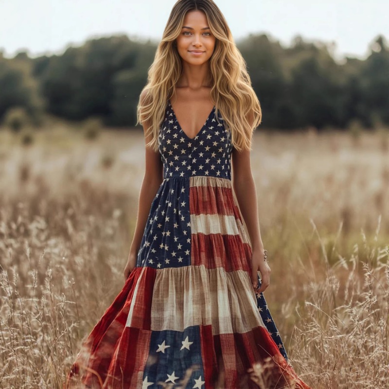 Vintage Fashion Eu - Vintage damesjurk met V-hals, spaghettibandjes, Independence